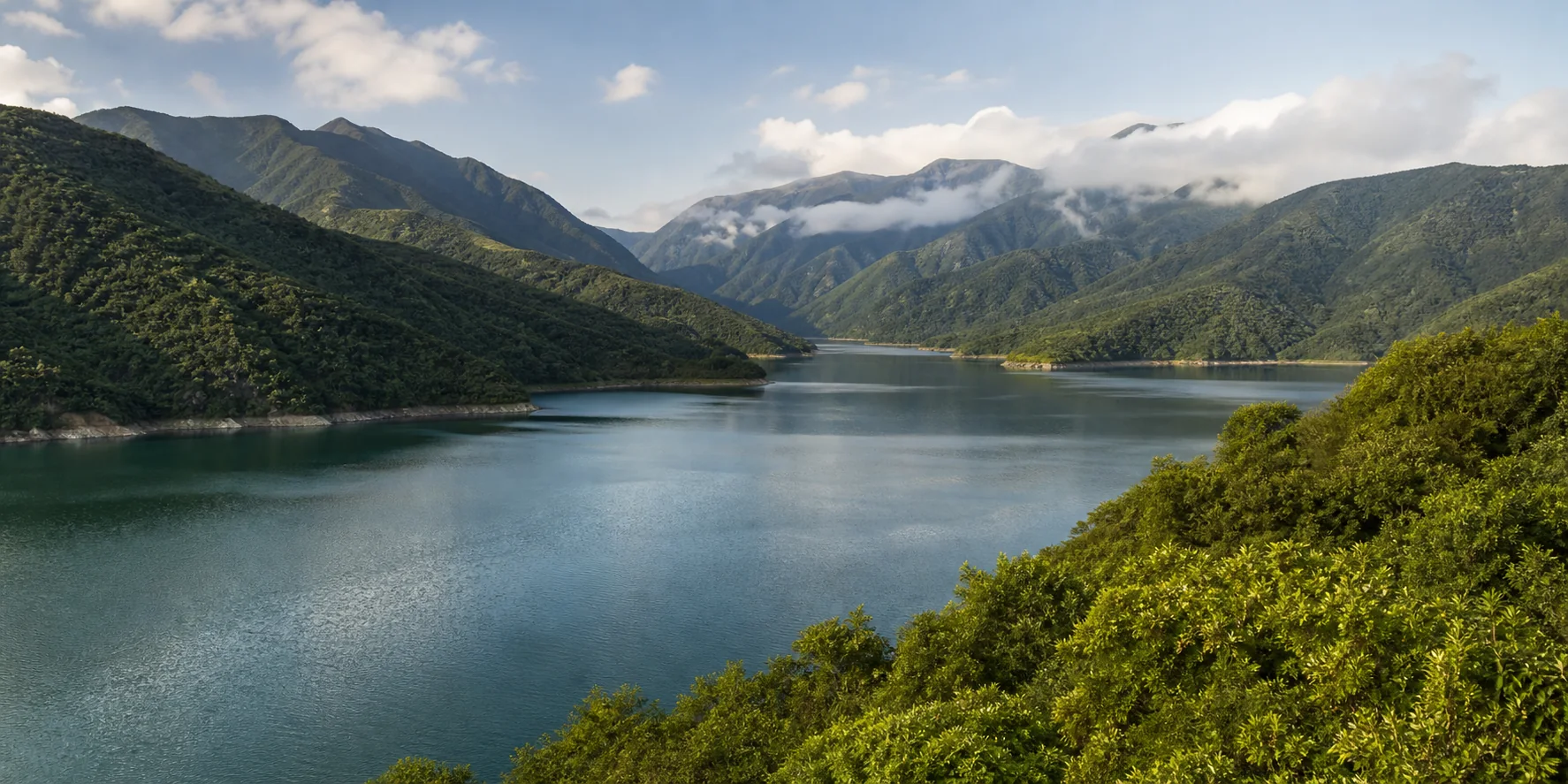 Valle andino y embalse rodeado de bosque
