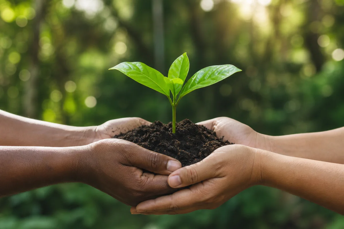 Manos sosteniendo tierra y una planta joven